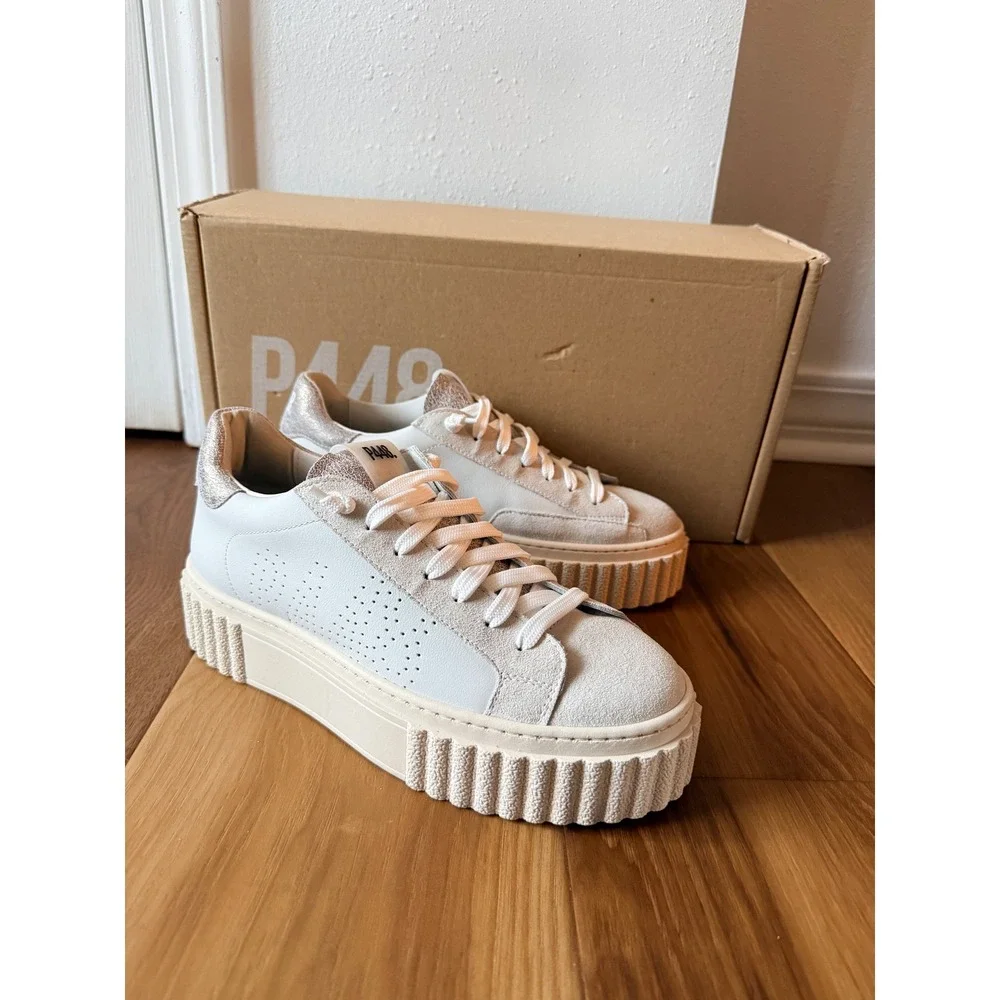 P448 Womens Creeper Platform Sneakers White Pluto Leather Glitter Size 8/ 38‎
